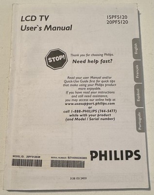 User Manual, Philips, LCD TV Models 15pf5120, 20pf5120, VG Cond