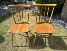 Pair Vintage Ercol 737 Dining Chairs 1983 Solid Elm & Beech Original Gold Labels