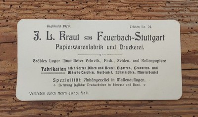 orginal alt Feuerbach Stuttgart PapierKraut Reklame Werbung Visitenkarte 