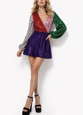 Alice + Olivia Rainbow Colorblock Sequin Faux Wrap Mini Dress 4 Holiday Capsule 