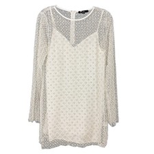 LULUS Glowing Charisma Sequin Pearl Mesh Long Sleeve Mini Dress M White EUC B14