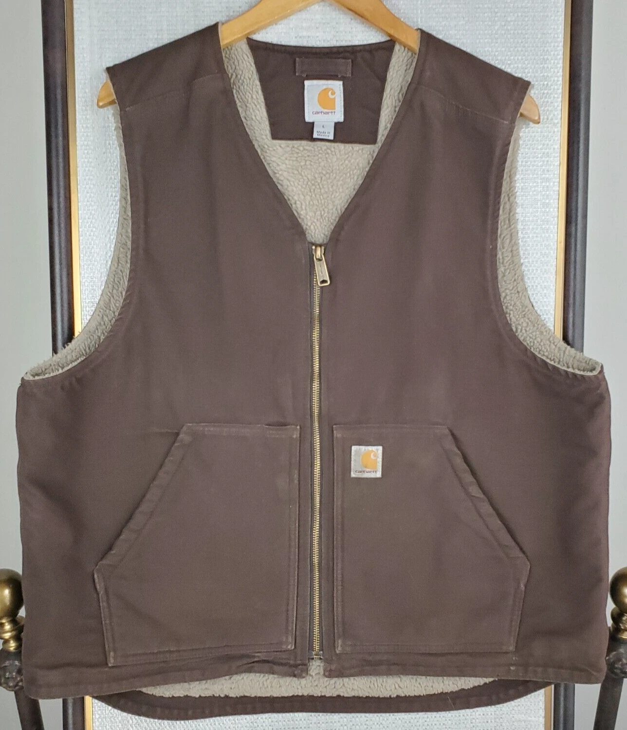 CARHARTT Size Large Mens Full Zip Sherpa Lined Canvas Duck Vest Gilet Brown