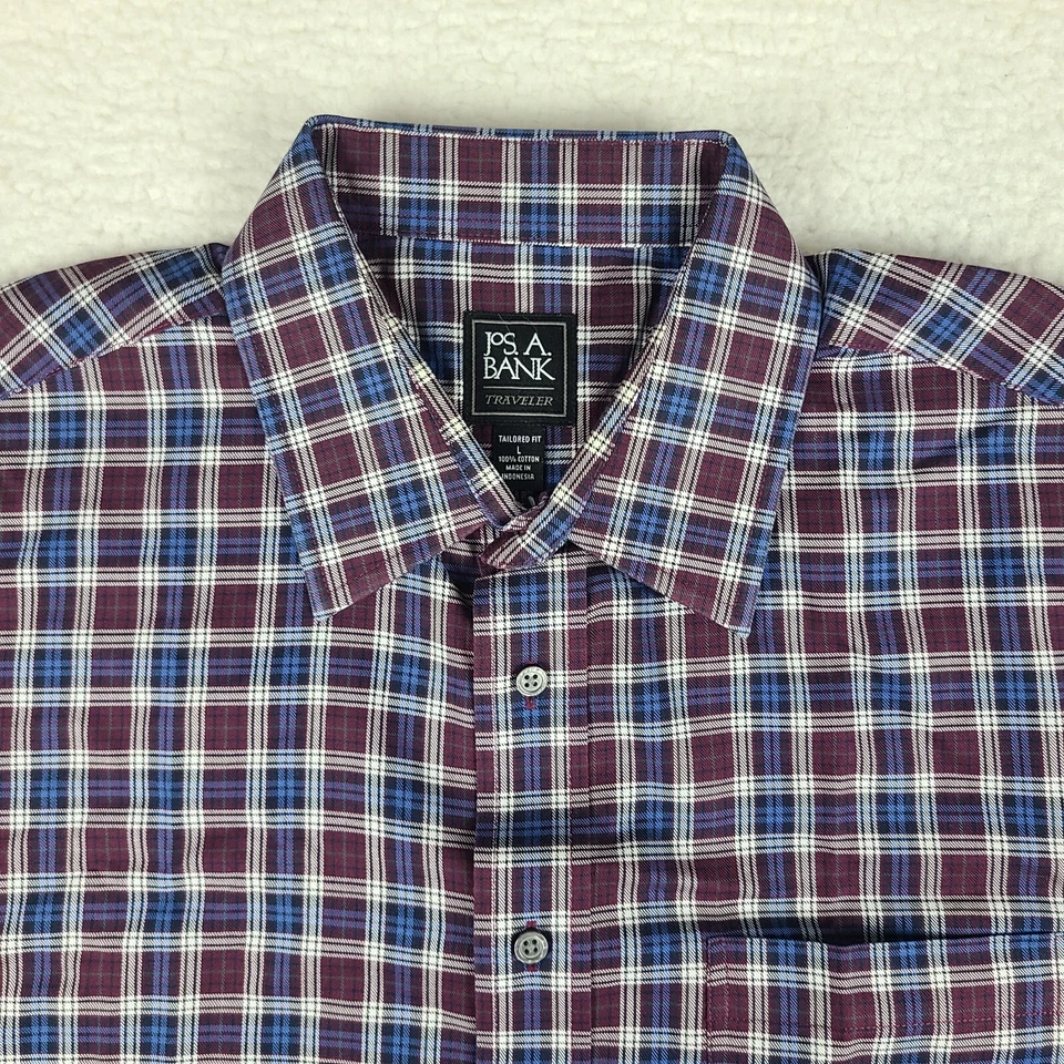 Jos A Bank Shirt Mens Large Blue Purple Plaid Traveler Tailored Fit Button Up - Image 3 of 4