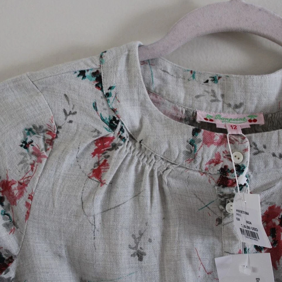 Nuevo con etiquetas Vestido Bonpoint Bettina Manga Larga Gris Estampado Floral Algodón 12 Foto 3 de 4