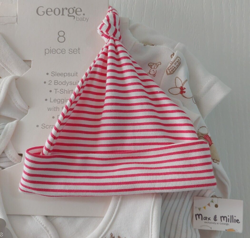 George Tiny Baby Unisex White 8 Piece Starter Set Rabbit Teddy & Striped Layette - Picture 8 of 10