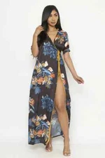 Black Floral Kimono Wrap Dress Robe Cover Up Size Small High Slit 