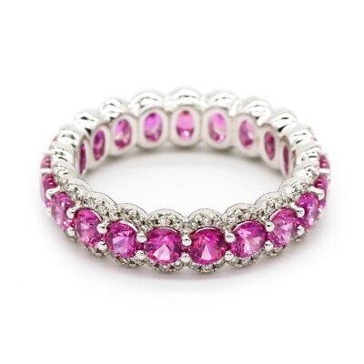 18K White Gold 1.0 CT Ruby Diamond Eternity Sharing Prong Pave Ring Fine Jewlery
