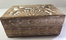 Anthropologie Carved Natural Decorative Wood Box, Hinged Lid 6"