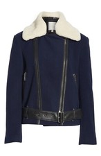 Nwt Joie Size M Fayana Genuine Shearling & Leather Trim Moto Navy Jacket $548