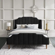 Queen Size Bed Frame with Modern Curved Velvet Wingback Headboard, Black