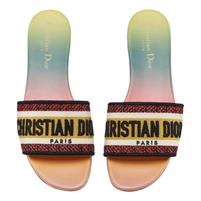 Christian Dior Dway Rainbow Multicolor Embroidered Logo Slide Flat