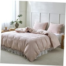 100 Washed Cotton Duvet Cover Set 3pcs with Bowknot Ties Queen Pale Pink