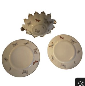 Limoges Vintage Set Of Two Butterfly Plates and matching bowl with gold leaf