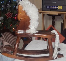 Vintage Rustic Handmade Rocking Horse 10" Tall Wood White Yarn Hair
