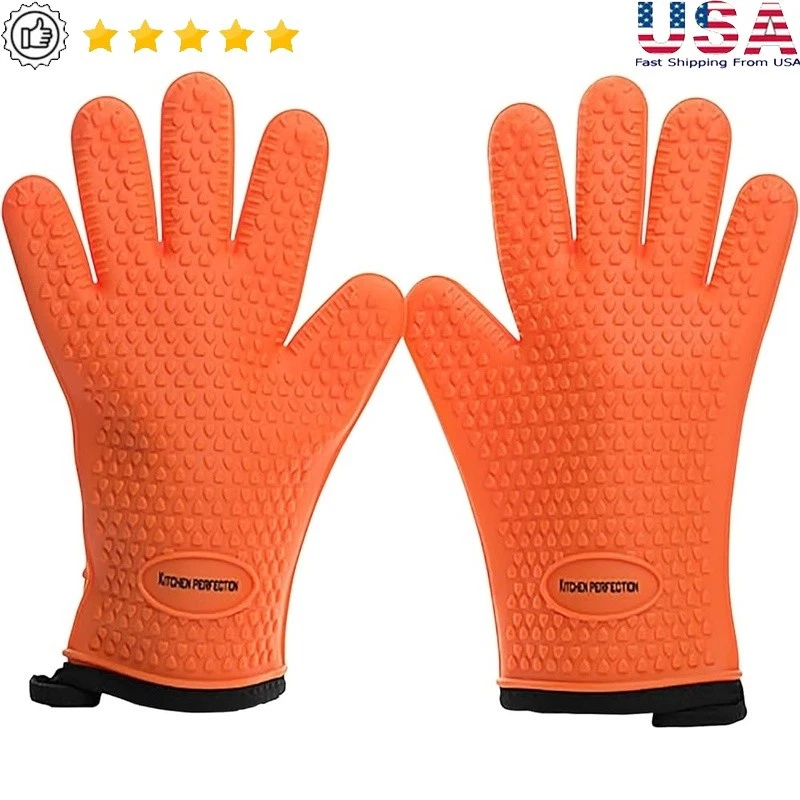 Heat Resistant BBQ Gloves Silicone Waterproof Non-Slip Cooking Mitts 2 Pack New