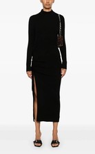 NWT $548 MICHAEL KORS wool blend knit ruched mock neck midi dress - Black - LG