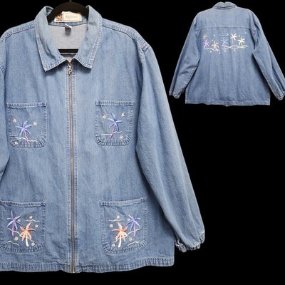 Vintage Passion Denim Jacket Womens XL Blue Oversized Embroidered Palm Trees
