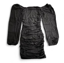 Black Ruched Off-Shoulder Balloon Sleeve Bodycon Short Dress Solid Regular Size