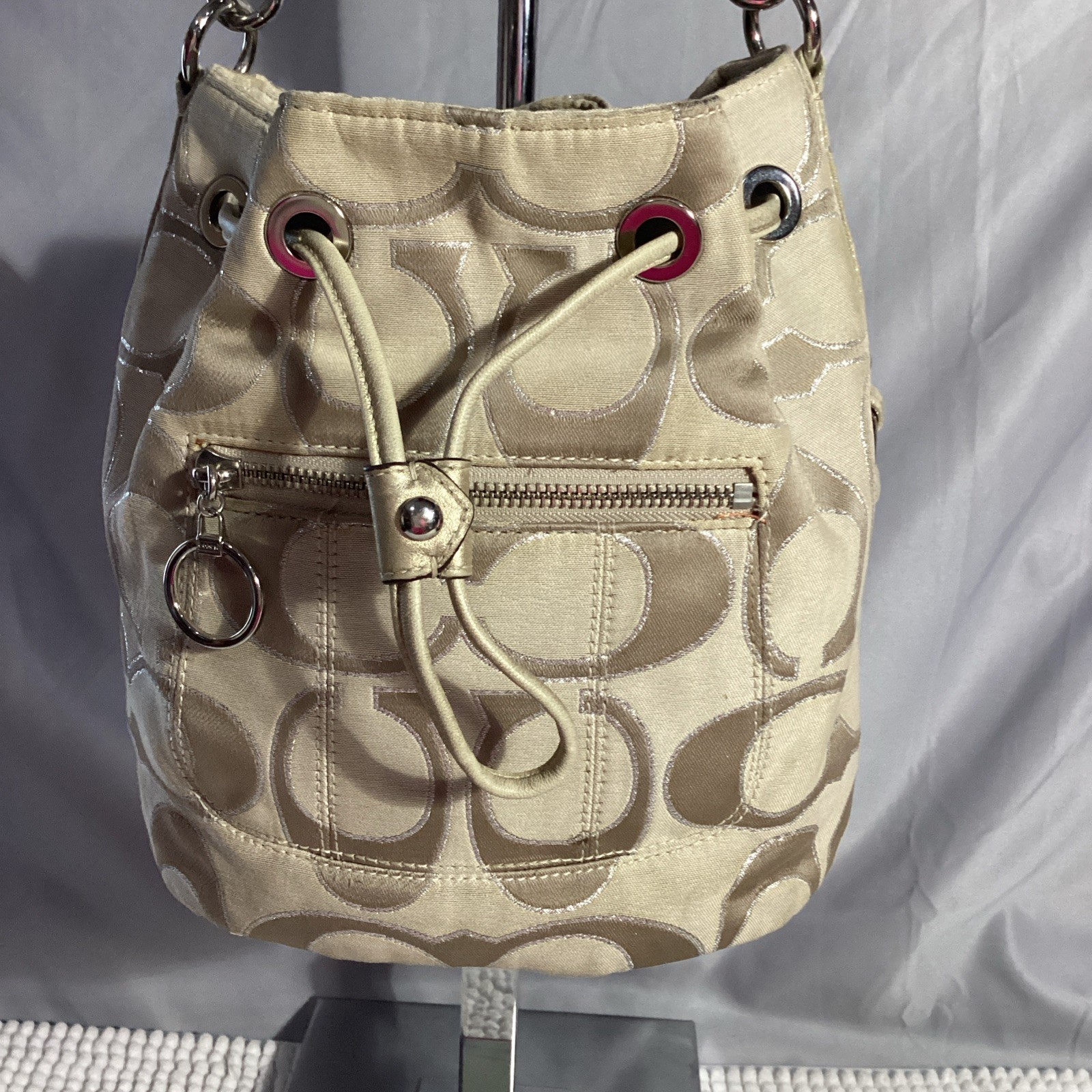 Coach Signature Tan Poppy Lurex Drawstring Bucket Shoulder Bag #17930 thumbnail 3