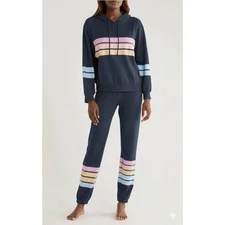 P.J. Salvage Women's Striped Pajama Hoodie Jogger Set Navy Blue Size XS