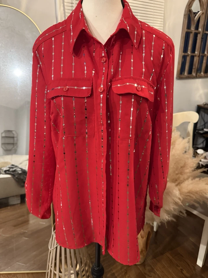 Women’s Red With Sparkle Long Sleeve Button Down Blouse Perfect 4 Holiday - Image 4 of 4