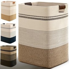 Laundry Hamper Tall Laundry Basket with Leather Handles, 95L Rice Brown  White