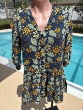 On The Road Blue Green Mini Dress Tunic Long Blouse top Rayon XS