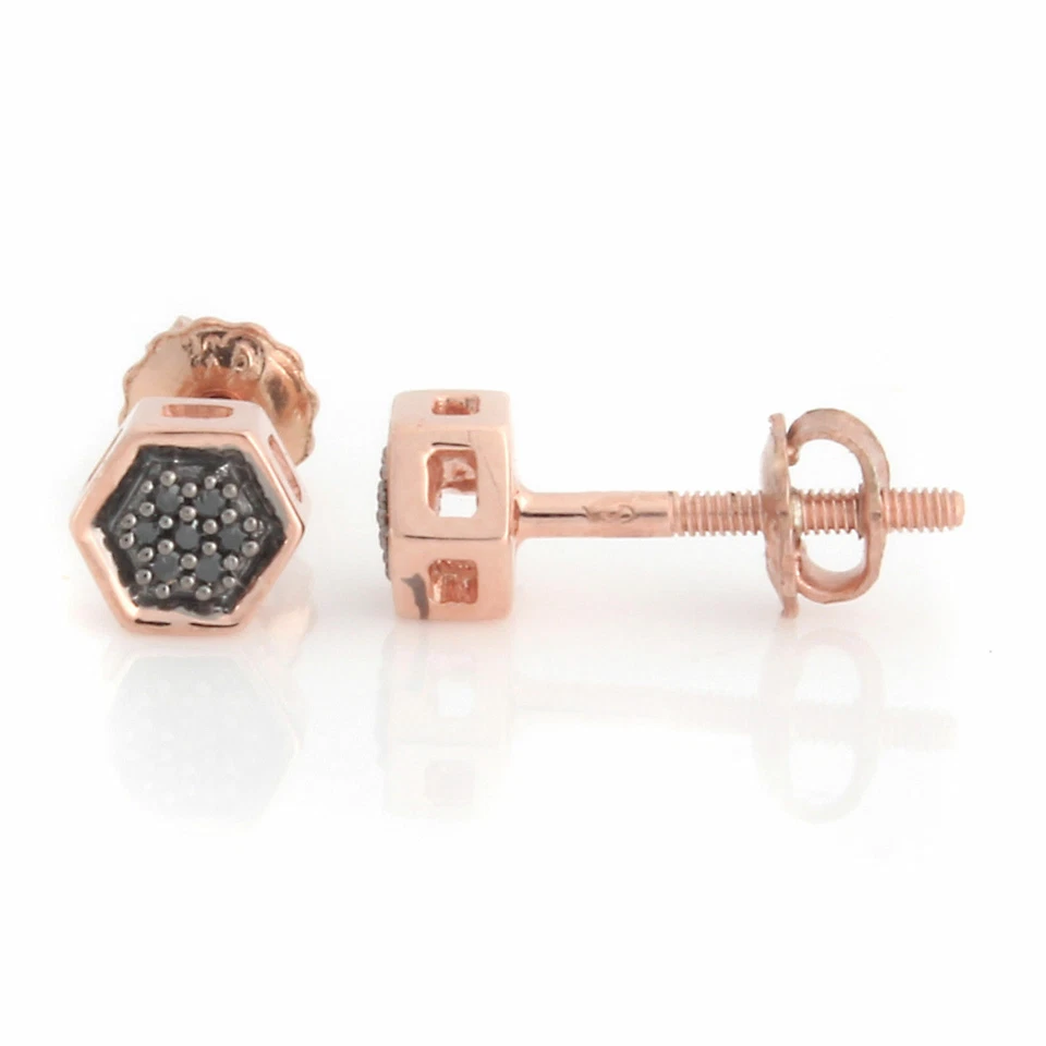 Beautiful Hexagoan Stud Earrings Real Black Diamond 14K Rose Gold Plated Silver - Image 4 of 4