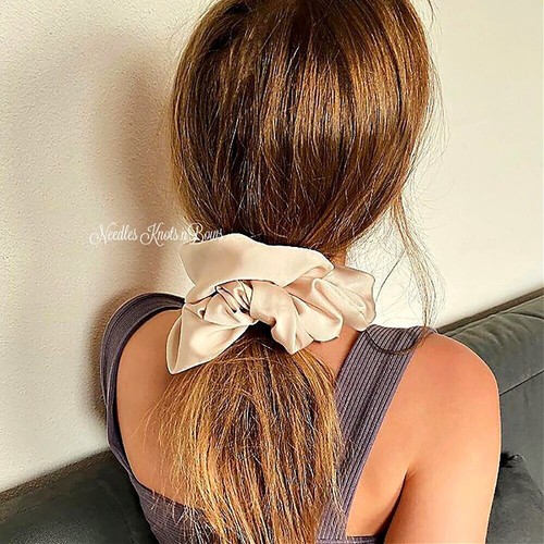 3 Pack Large Oversized Satin Scrunchie Set: Beige, Pink & White Ponytail Holder - Picture 3 of 7