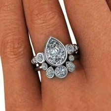 White Pear and Round Lab-Created Diamond Wedding Bridal 925 Silver Gift Ring Set