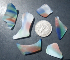 Sea Glass, Set of Multicolored Pieces Orange Blue and Green