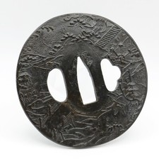Tsuba Landscape Shakudo Japanese Antique Sword Fitting Samurai Katana Wakizashi