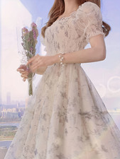 Women's Mid-Length Floral Dress with Slim Square Collar & Cute Bubble Sleeves