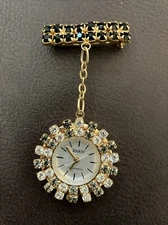VINTAGE TINKO ANTIMAGNETIC PENDANT BROOCH WATCH 1980'S RHINESTONES  WIND UP