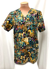 Cherokee Womens Scrub Top V Neck Vivid Colorful Wild Safari Animal Print Size S