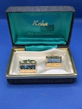 Koha Paua Shell Cufflinks New Zealand 1970s Vintage Inlay Gold Tone Original Box