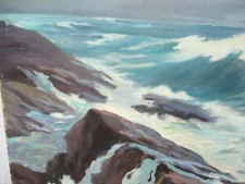 OIL PAINTING VINTAGE ~ NEW ENGLAND ROCKY COAST by Arthur Johnson signed