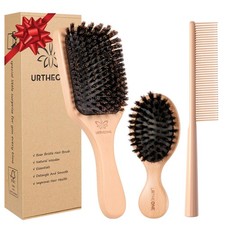 Pure Boar Bristle Hair Brush Set with Wide-Tooth Comb,Natural Beechwood Detan...
