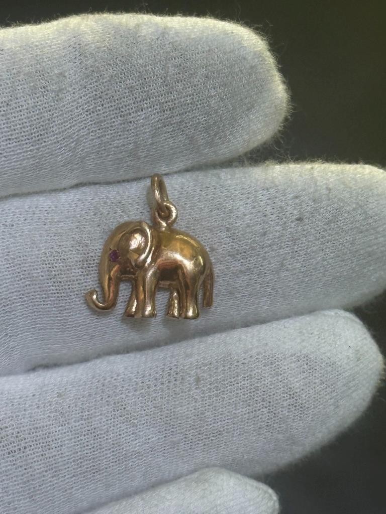 14k Solid Yellow Gold Red Ruby Eye Elephant 3D Ha… - image 10