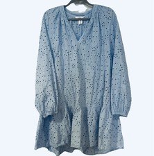 H&M Women’s Tunic Boho Dress Sz  L Blue Frost Long Sleeve Eyelets Oversized