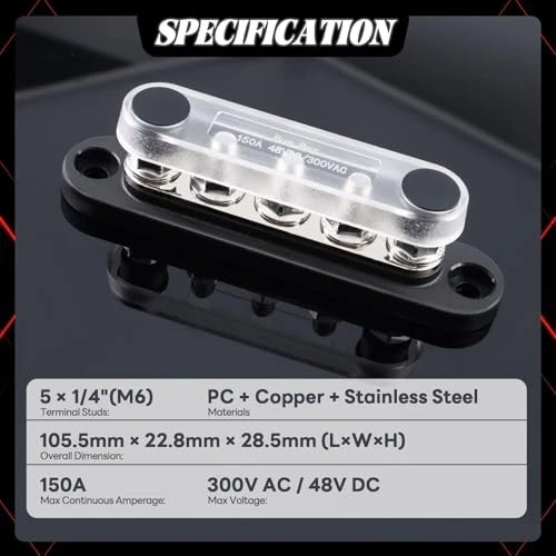 150A Power Distribution Bus Bar 12V 5 Terminals, 48V DC/300V AC for Car/Boat - Image 4 of 4