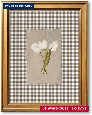 Gold Framed White Tulips Vintage Floral Wall Art Painting Brown Gingham Botanica