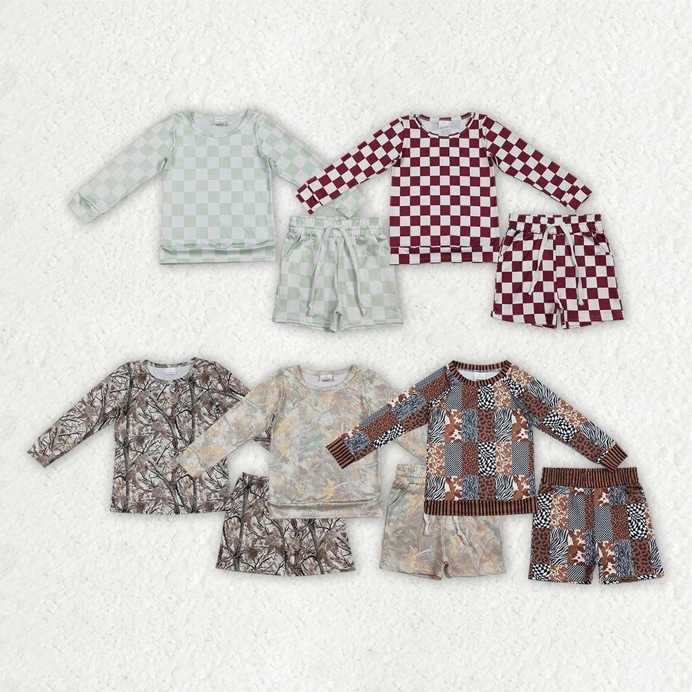 Spring Summer Fashion Toddler Girls Camo Checked Long Sleeve Top +Shorts Set