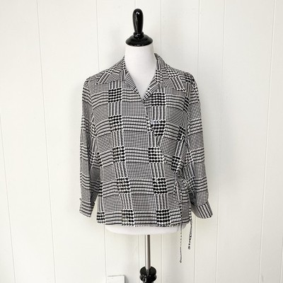 VTG NOS Vision Apparel Silk Size 16 Wrap Top Black White Houndstooth Sequin