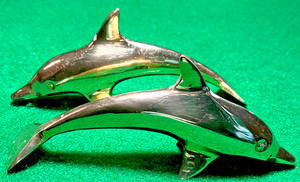 2 Brass Porpoise Dolphin Hollow Figurine Decorative Collectible Statue  5" Long