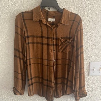 Thread And Supply Women s Fall Button Up Blouse, Brown Plaid, Pleated Back, Med 