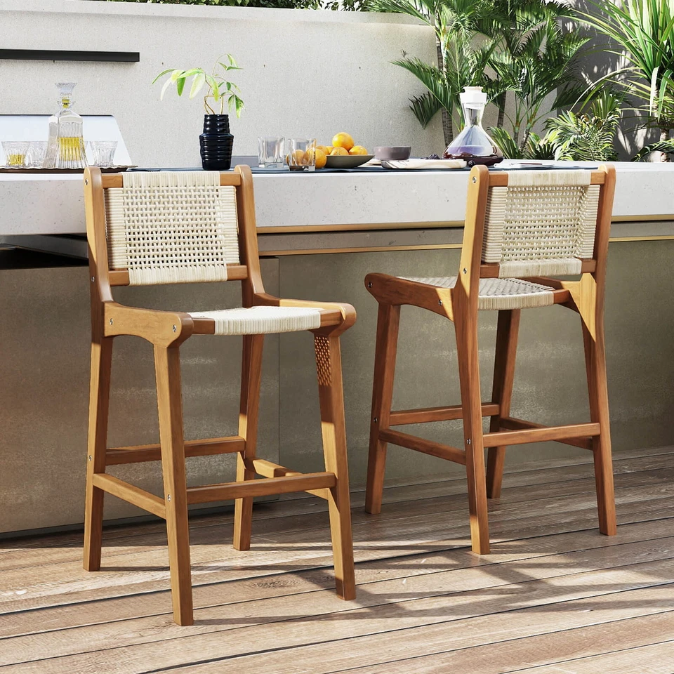 2PCS Outdoor Counter Height Bar Stool w/Wood Frame Back &Footrest for Balcony - Image 3 of 4