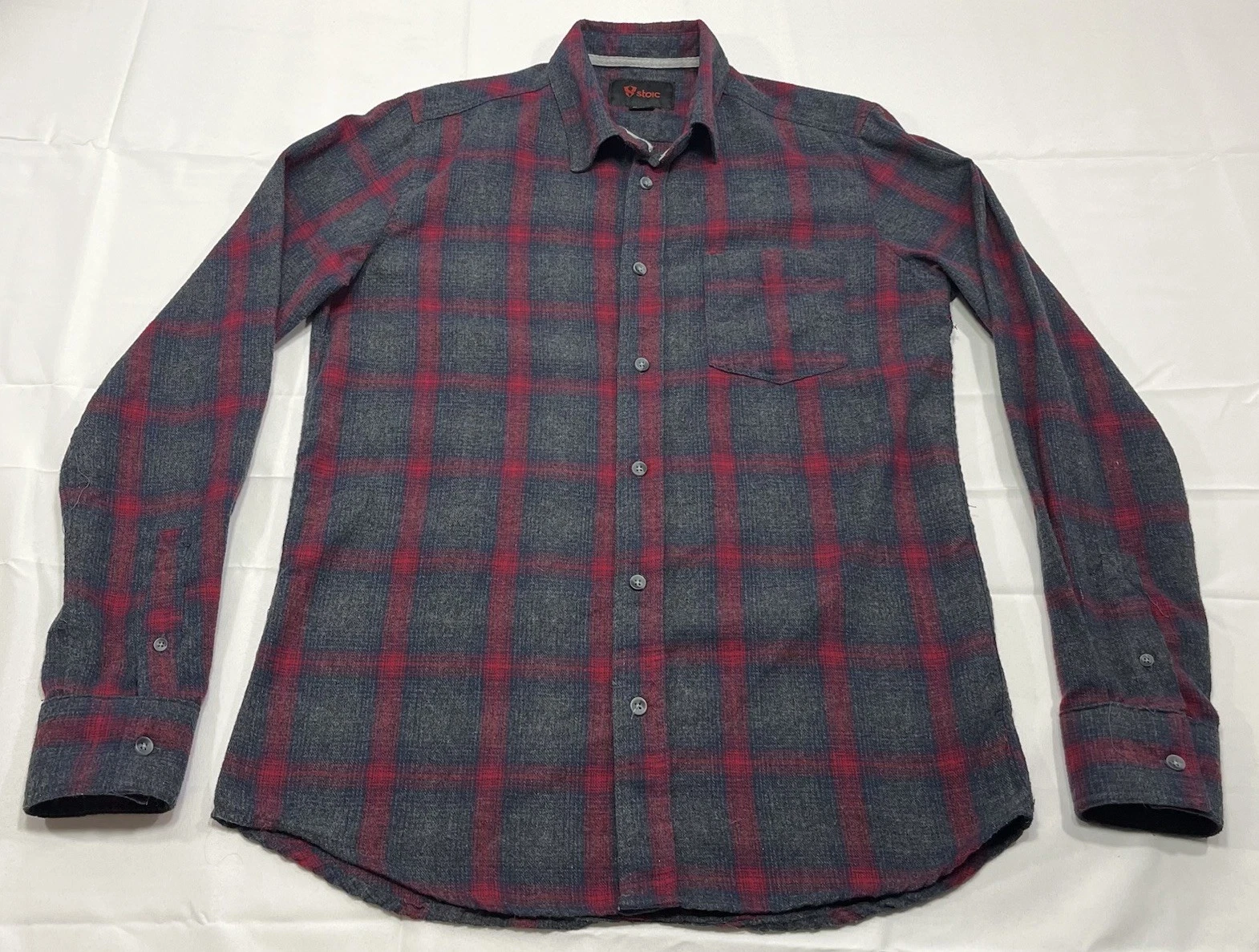 Stoic Shirt Mens S Red Gray Plaid Flannel Button Up Long Sleeve Outdoor Casual