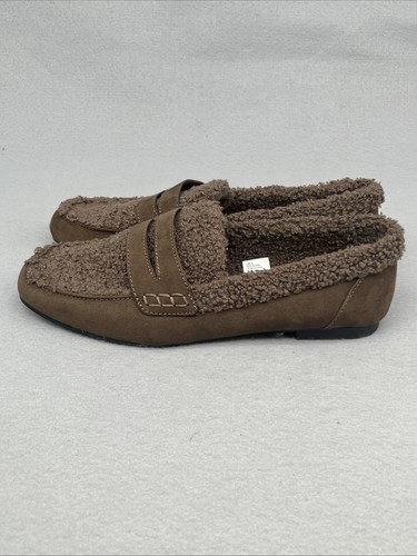 Women's Gap Woodsy Brown Sherpa Suede Slip Loafers Shoes Size 9 Cozy - Picture 4 of 14