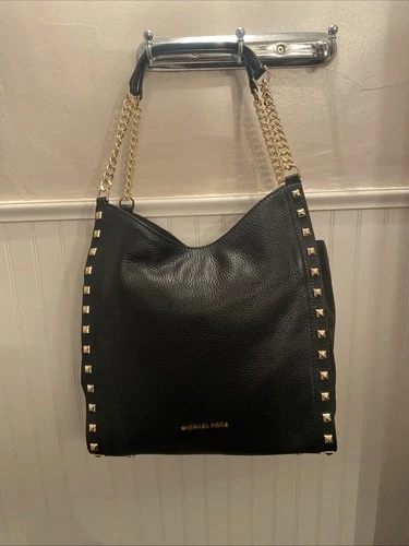 New Michael Kors Newbury Medium Chain Shoulder Tote leather Black Gold Studs